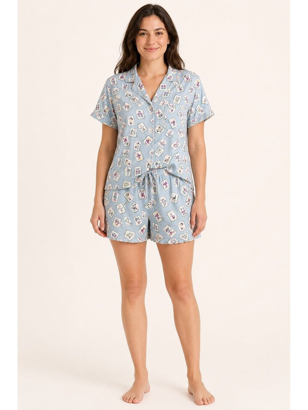 Rae Dunn Mahjong Pajama Set, Women’s Blue Short Sleeve Top & Shorts NWT, Medium - Picture 2 of 2